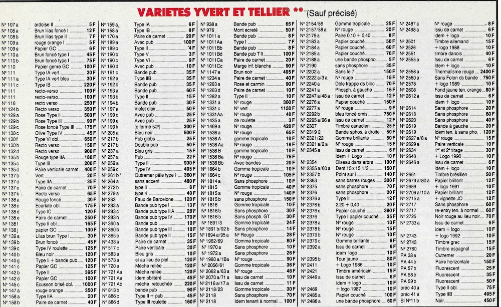 Prix de variétés philatélique en 1984